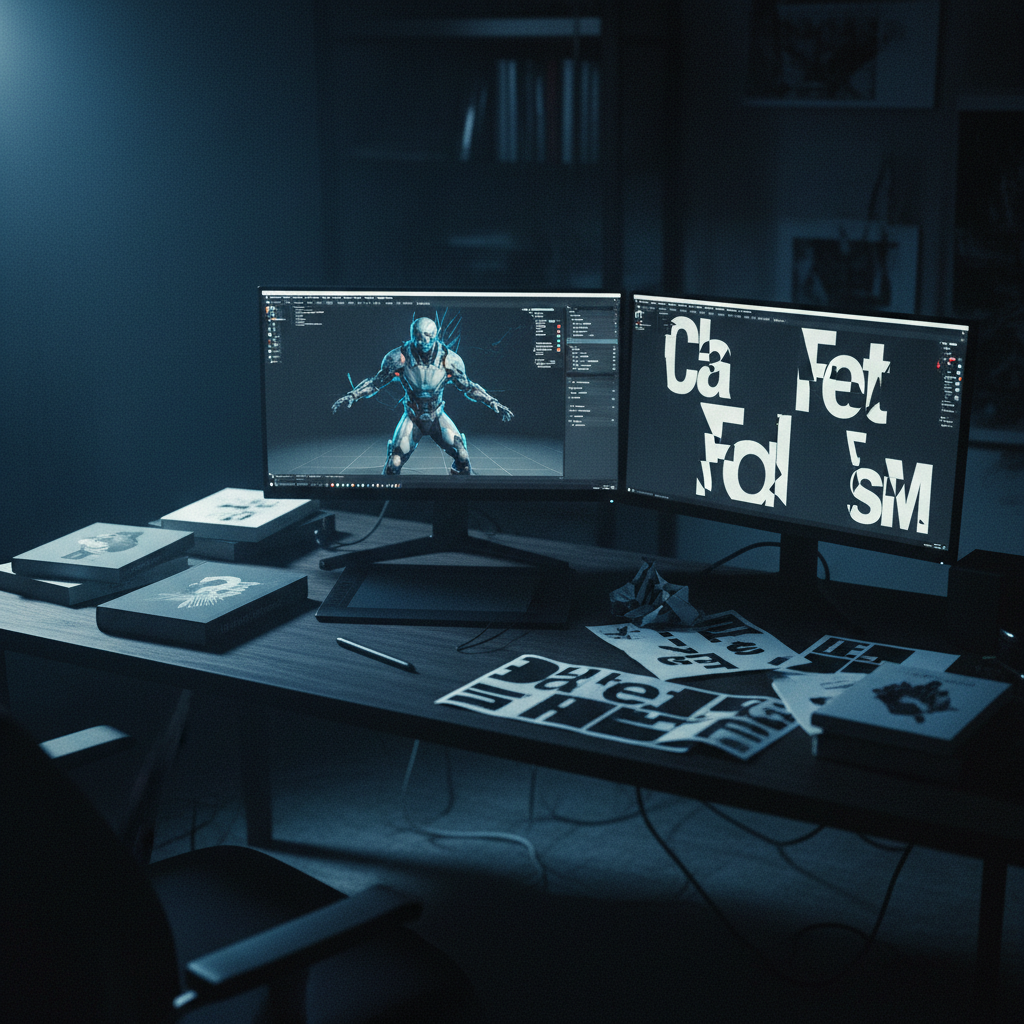 3D-Designer Workspace — Blender und Designtools auf dunklem Schreibtisch